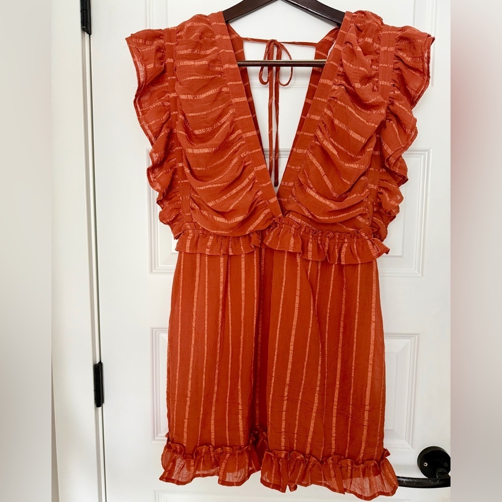 FAVLUX Terracotta Rust Textured Ribboned Ruffle Dress Size L - Picture 3 of 8
